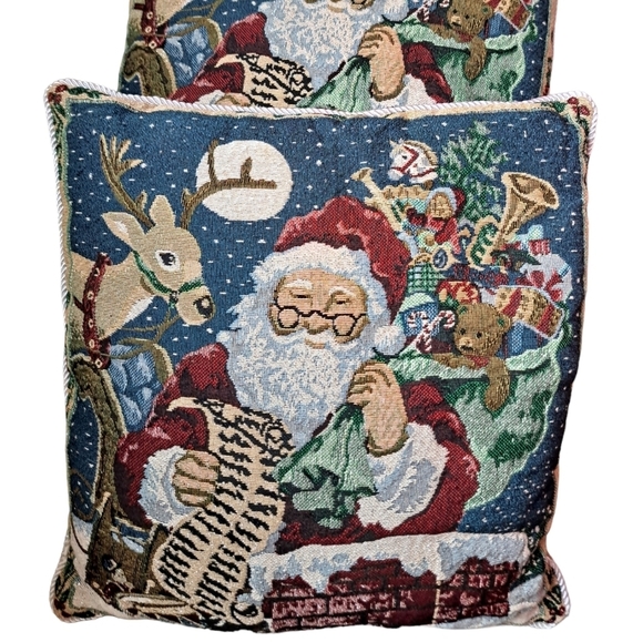 VTG SANTA CLAUS tapestry cushions roped edging zip closure Holiday decor Set 2 - Picture 3 of 7